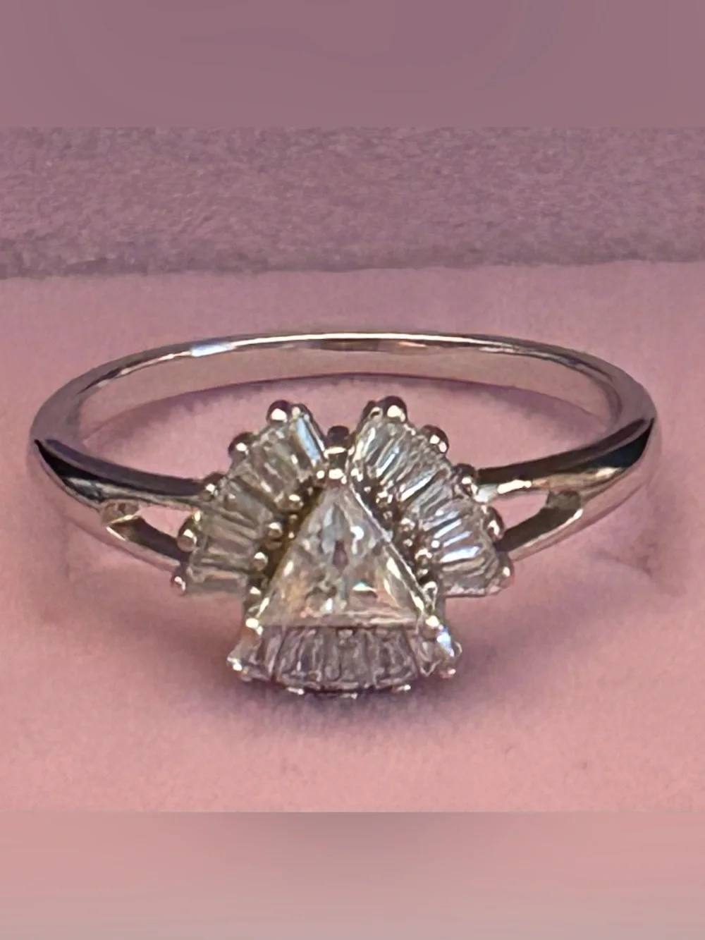 Triangular & Baguette Cut Halo Moissanite Ring in Sterling Silver Size 8.50